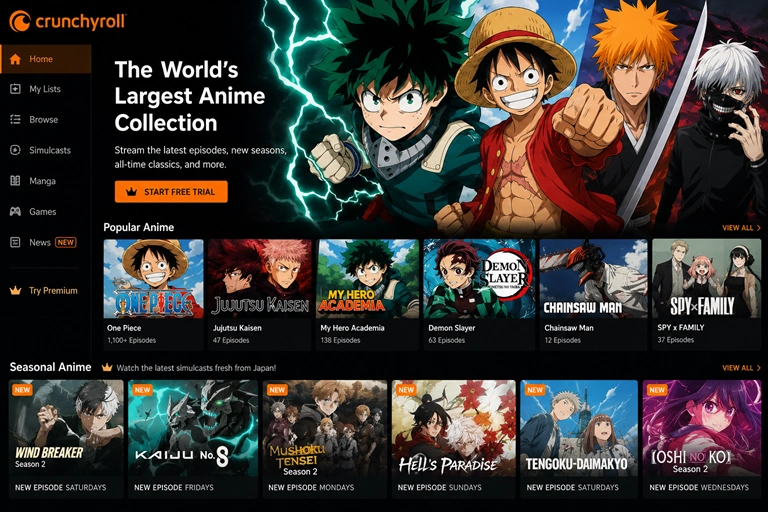 Crunchyroll anime library featuring popular and seasonal anime